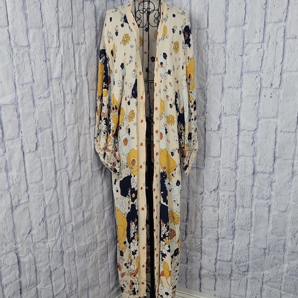 Free People‎ Hidden Hills Floral Maxi Kimono in Cream and Yellow OS